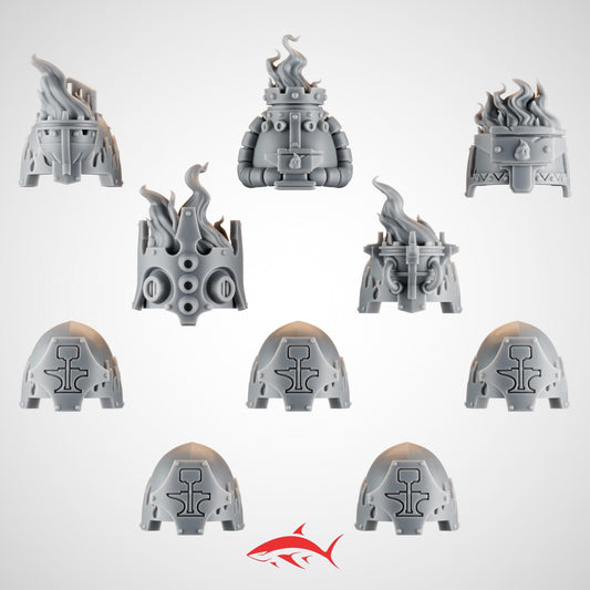 Set 3 – 10 Ember Forge Shoulder Pads for Fire Lizard – Flames, Chains, Spikes, Relics & Stone Motifs