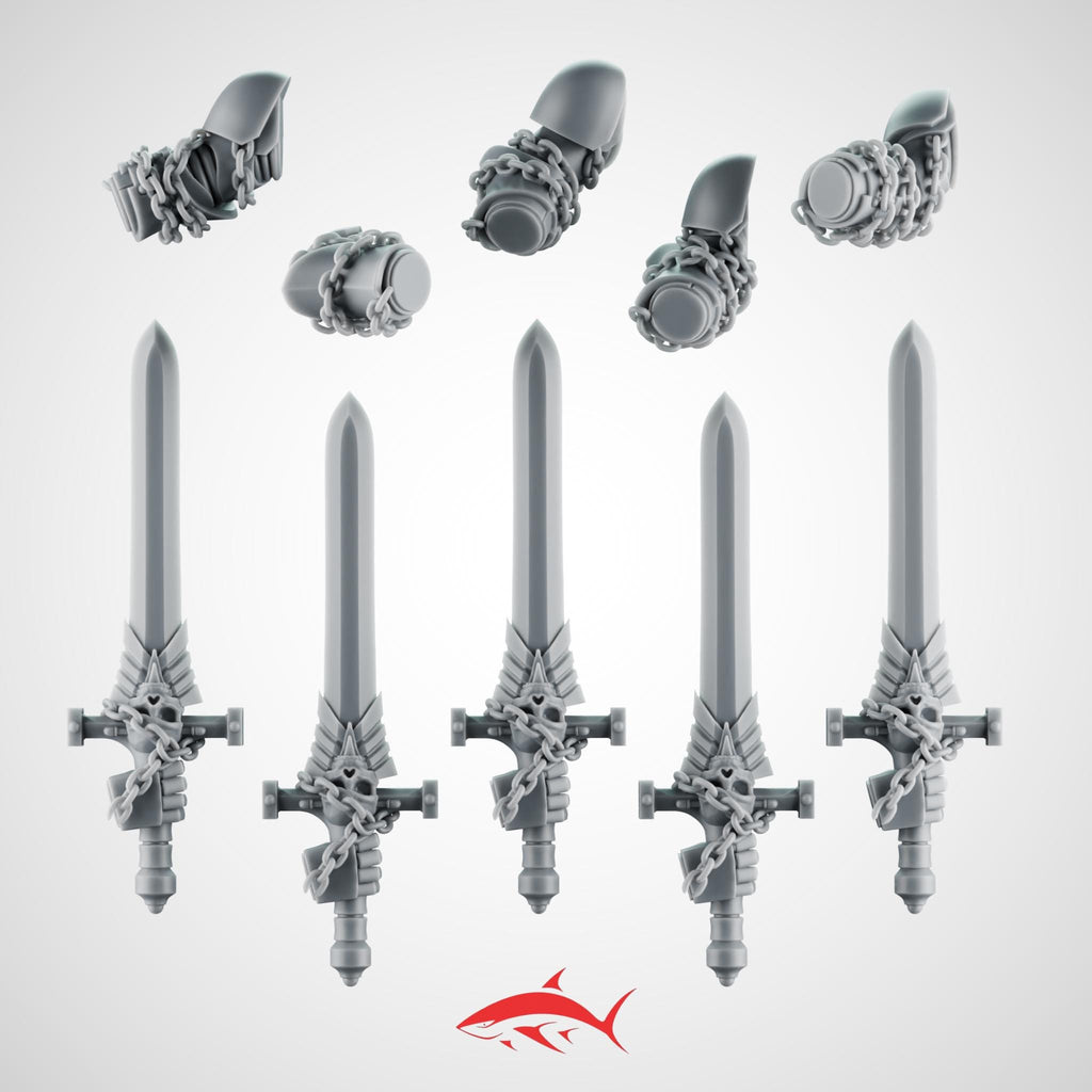 Set 2 - 5 Black Crusader Chain Swords – Knightly Power Blades with Chains to Arm - Left - resin bit - Sharkass