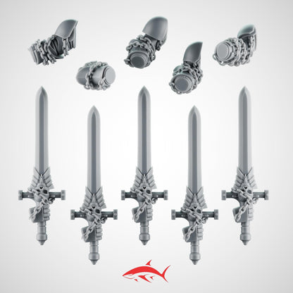 Set 2 - 5 Black Crusader Chain Swords – Knightly Power Blades with Chains to Arm – Ultra HD 14K