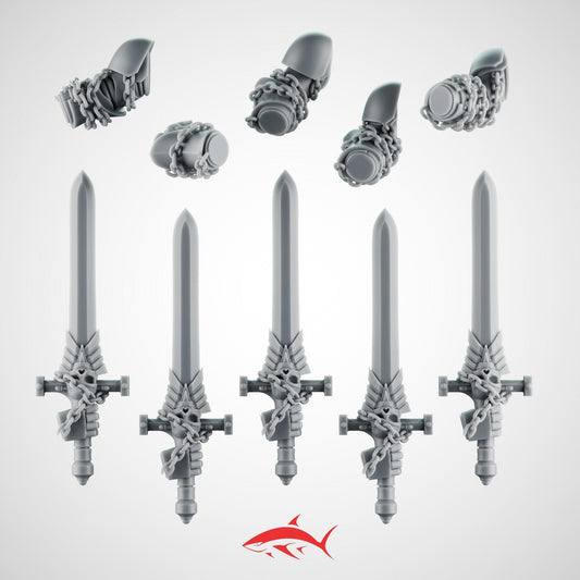 Set 2 - 5 Black Crusader Chain Swords – Knightly Power Blades with Chains to Arm – Ultra HD 14K