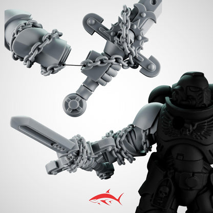 Set 2 - 5 Black Crusader Chain Swords – Knightly Power Blades with Chains to Arm – Ultra HD 14K