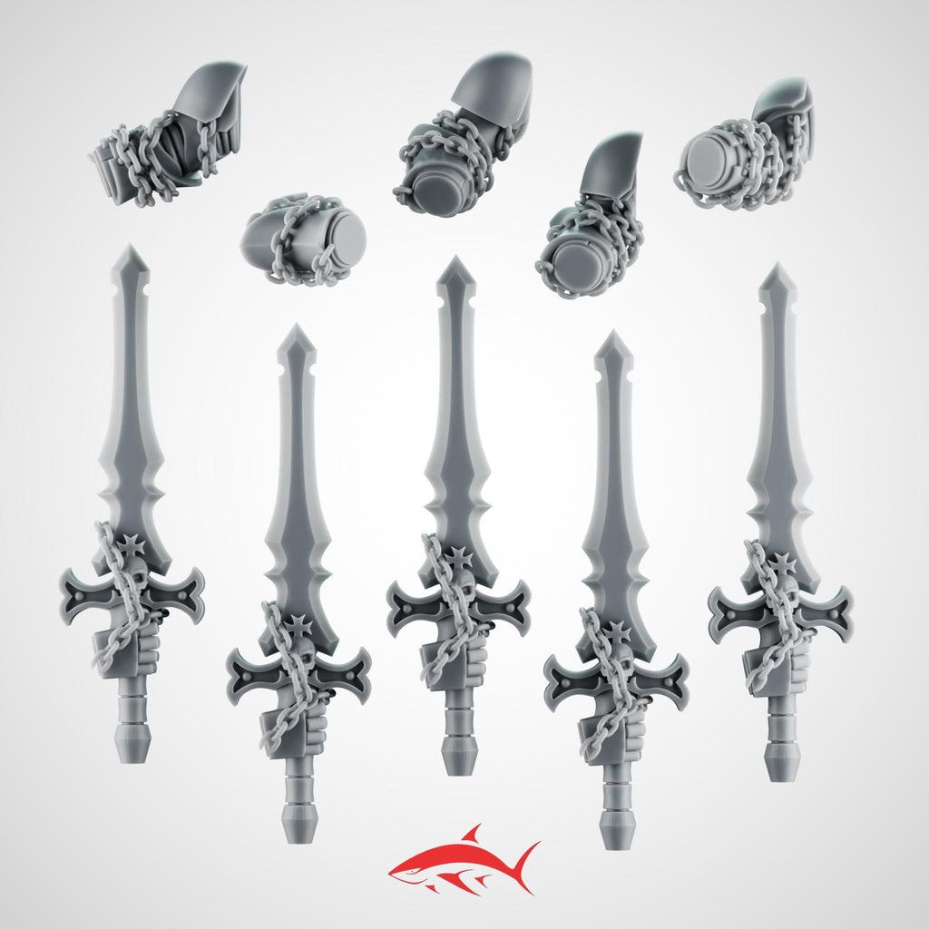 Set 1 - 5 Black Crusader Chain Swords – Knightly Power Blades with Chains to Arm - Left - resin bit - Sharkass