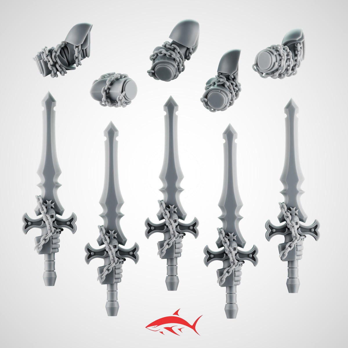 Set 1 - 5 Black Crusader Chain Swords – Knightly Power Blades with Chains to Arm - Left - resin bit - Sharkass