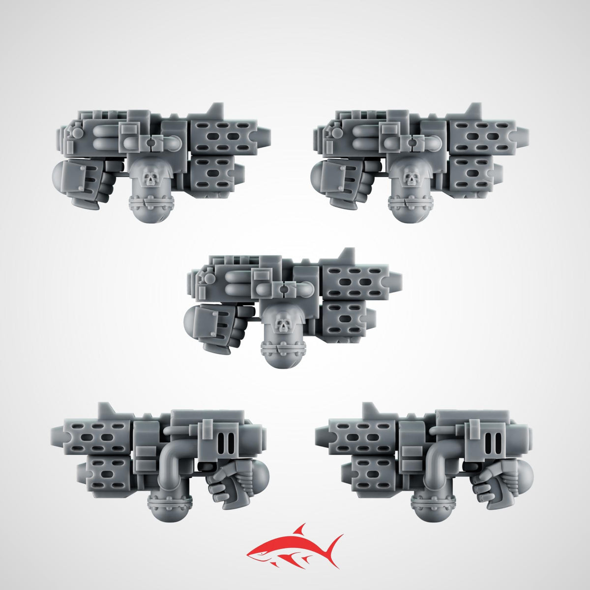 Set 1 – 5 Flamethrowers Heavy Guard – Compact Incinerators with Armored Fuel Lines - Left - resin bit - Sharkass