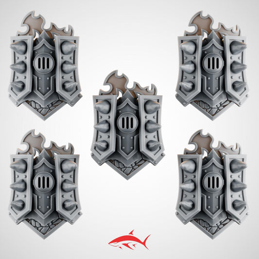 Set 5 - 5 Ember Forge Shields for Fire Lizard – Spiked Plates, Vent Core, Flame Crests & Stone Bases