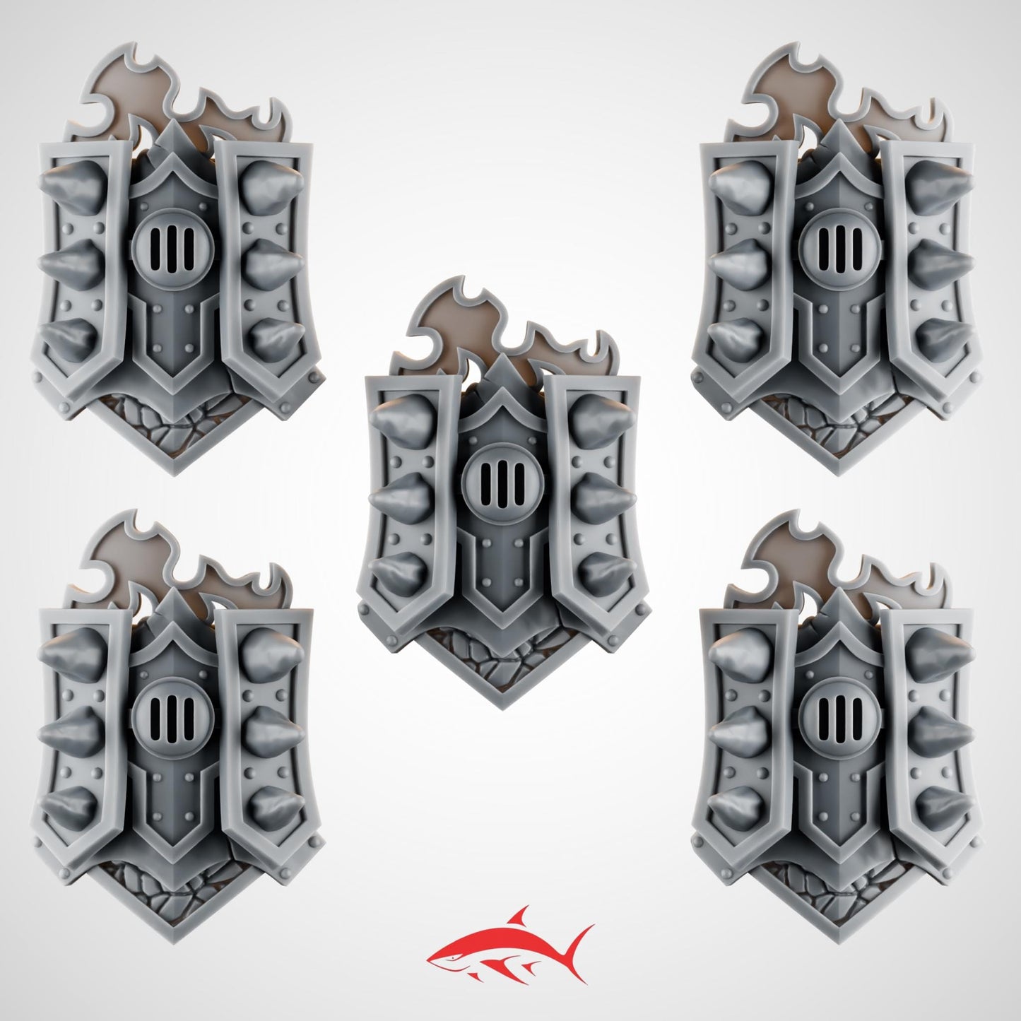 Set 5 - 5 Ember Forge Shields for Fire Lizard – Spiked Plates, Vent Core, Flame Crests & Stone Bases