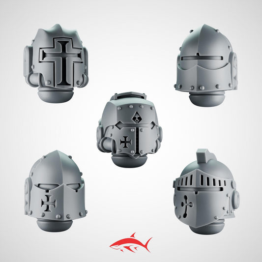 SET 4 - 5 Crusader Helmets – Gothic Heads for Black Faith Warriors – 32mm Kitbash Bits