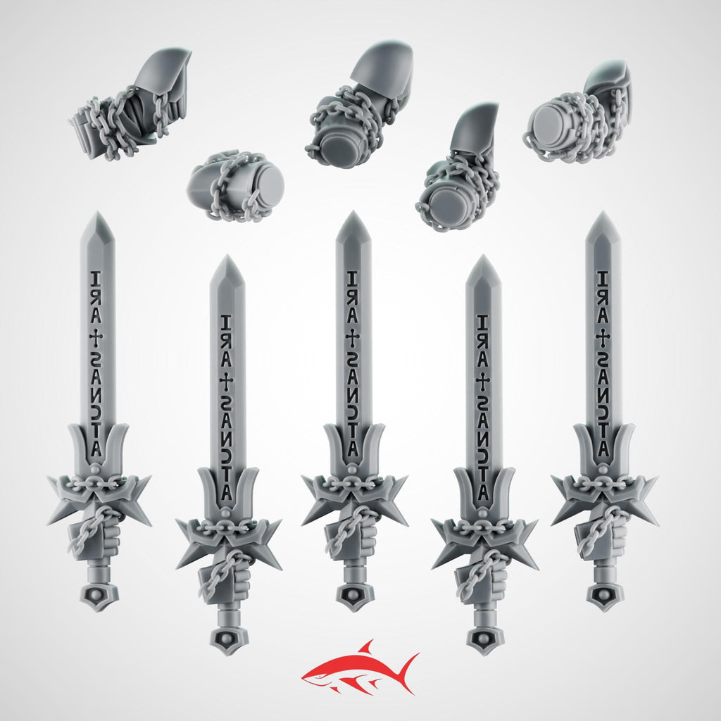 Set 4 - 5 Black Crusader Chain Swords – Knightly Power Blades with Chains to Arm - Left - resin bit - Sharkass