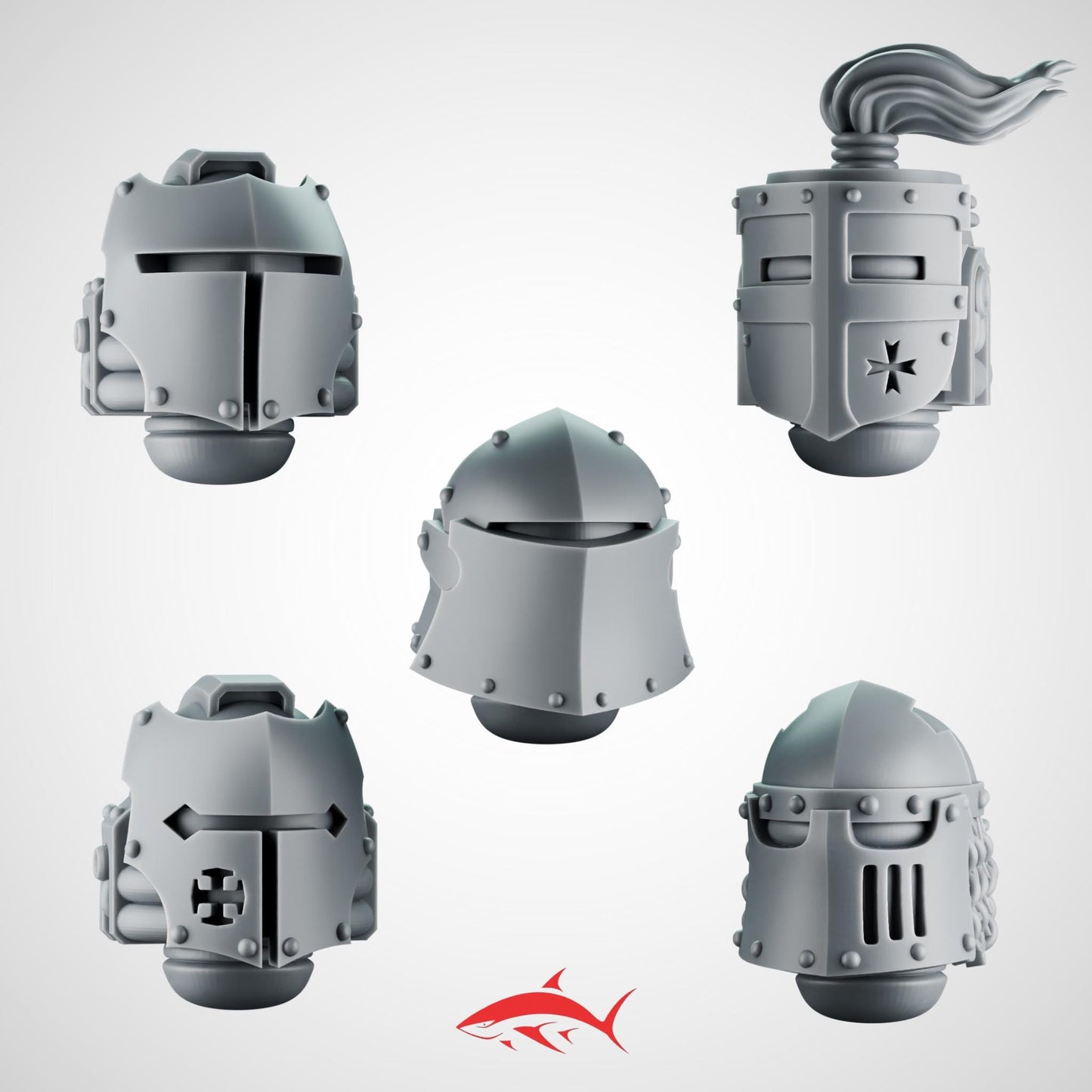 SET 6 - 5 Crusader Helmets – Gothic Heads for Black Faith Warriors – 32mm Kitbash Bits