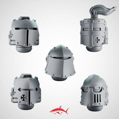 SET 6 - 5 Crusader Helmets – Gothic Heads for Black Faith Warriors – 32mm Kitbash Bits