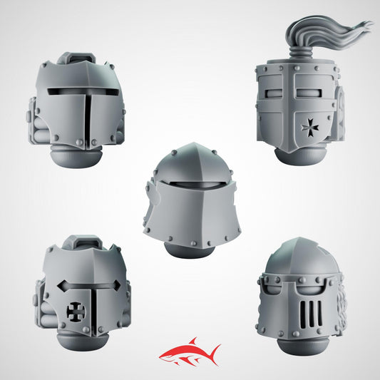 SET 6 - 5 Crusader Helmets – Gothic Heads for Black Faith Warriors – 32mm Kitbash Bits