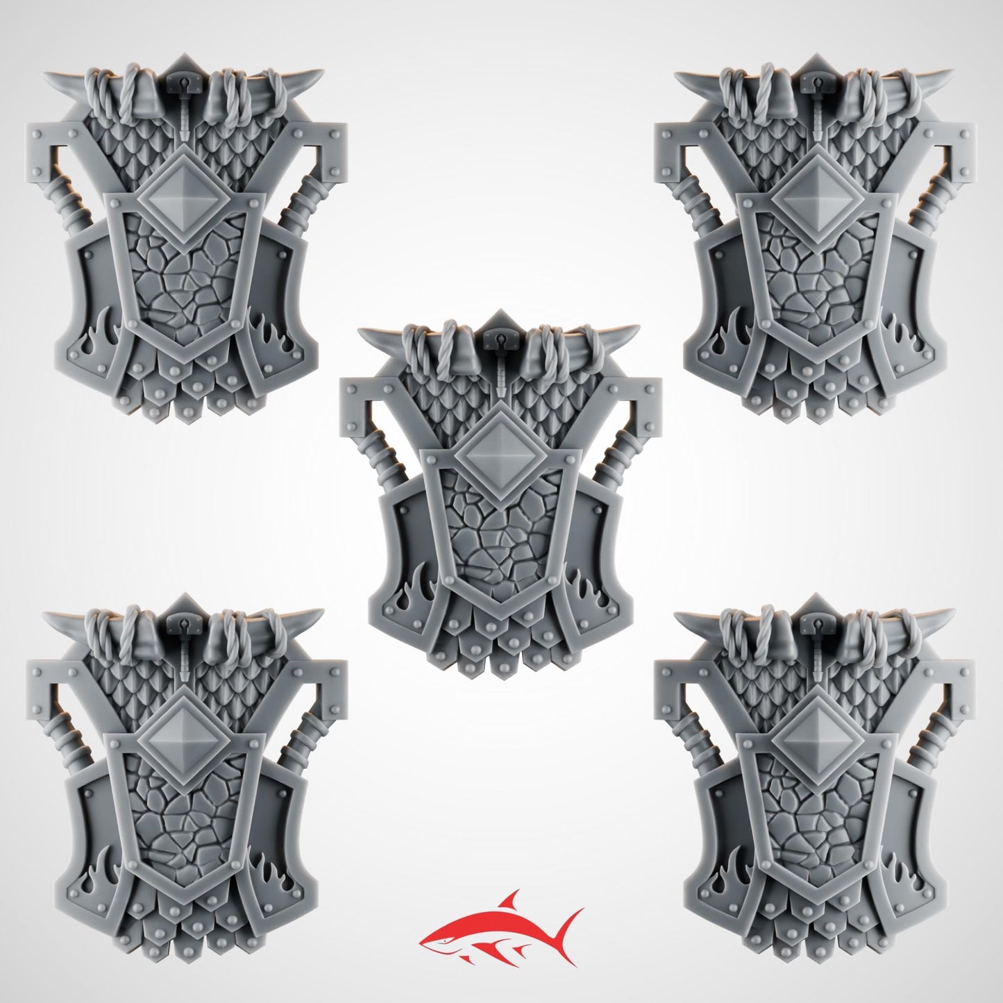 Set 4 - 5 Ember Forge Shields for Fire Lizard – Scale Mantles, Fangs, Stone-Facet Cores & Riveted Plates