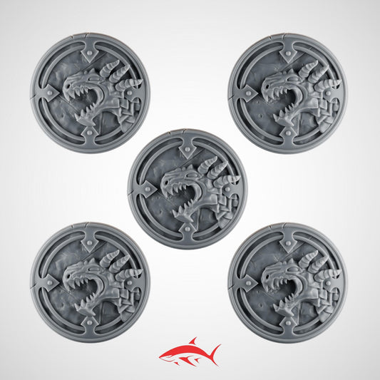 Set 2 – 5 Ember Forge Shields for Fire Lizard – Round Plates with Dragon Head Emblems & Riveted Rims