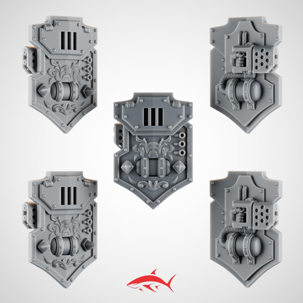 Set 4 – 5 Shields for Terminator Fire Lizard – Ember Forge - Industrial Vents, Pipework, Fuel Drums & Riveted Plates - Left