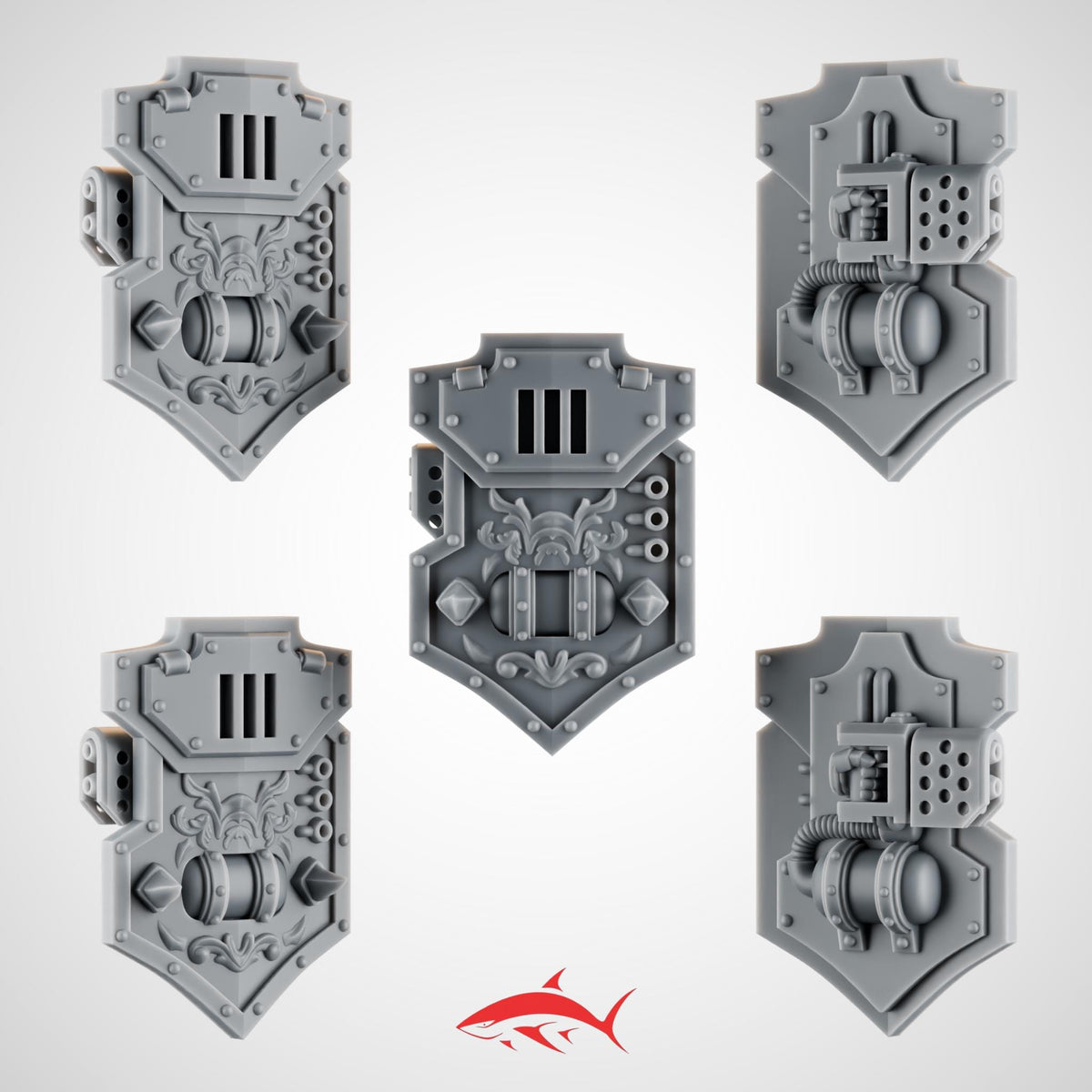 Set 4 – 5 Shields for Terminator Fire Lizard – Ember Forge - Industrial Vents, Pipework, Fuel Drums & Riveted Plates - Left