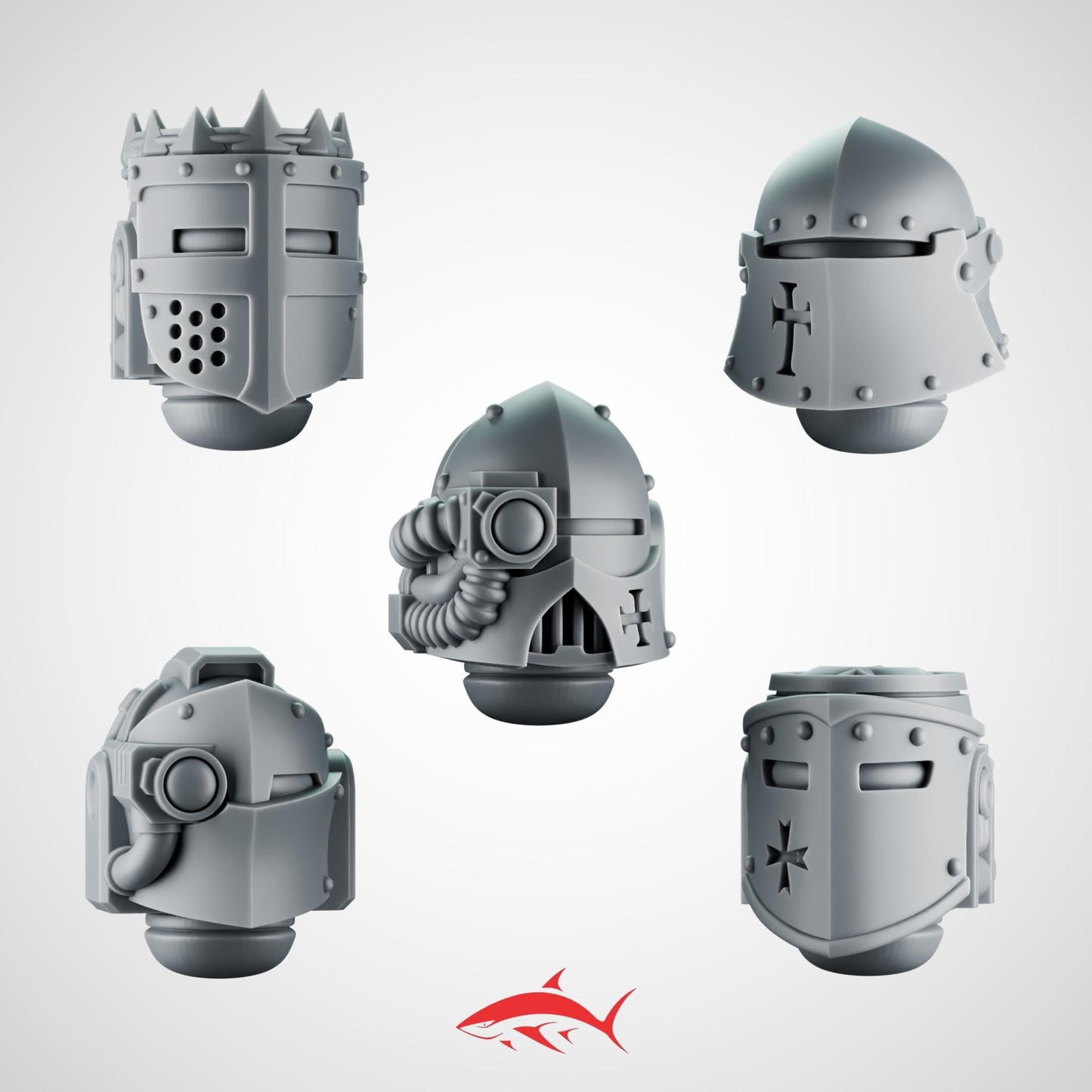 SET 5 - 5 Crusader Helmets – Gothic Heads for Black Faith Warriors – 32mm Kitbash Bits
