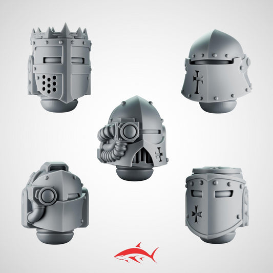 SET 5 - 5 Crusader Helmets – Gothic Heads for Black Faith Warriors – 32mm Kitbash Bits
