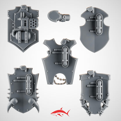 5 Ground-Set Shields for Terminator Ember Forge – Fire Lizard Heraldry, Chains, Spikes & Riveted Plates