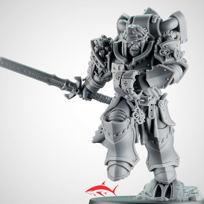 Luceran Veyth — Crusader Hero — Gothic grimdark champion with relic sword and sanctified carbine