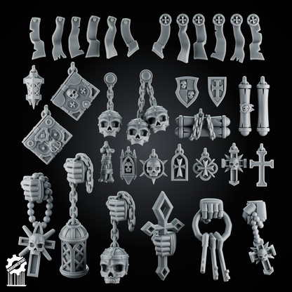 Black Crusaders Religious Accessories – 32mm Heroic Scale – Scrolls, Relics & Iconography [Supported]