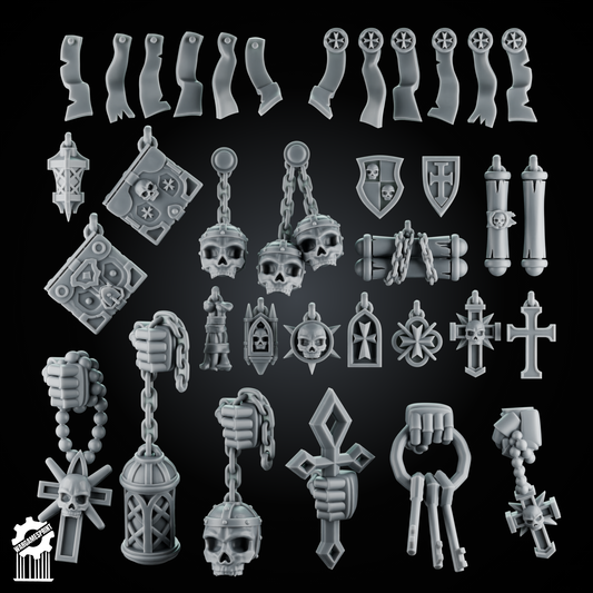 Black Crusaders Religious Accessories – 32mm Heroic Scale – Scrolls, Relics & Iconography [Supported]