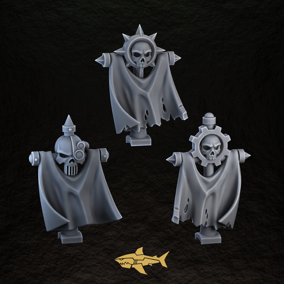 Bionic Legions Backpack Toppers & Banners – three banner backpacks, 32 mm resin sci-fi bits, Sharkass