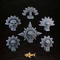 Bionic Legions Backpack Toppers & Banners – six backpack toppers, 32 mm resin sci-fi bits, Sharkass