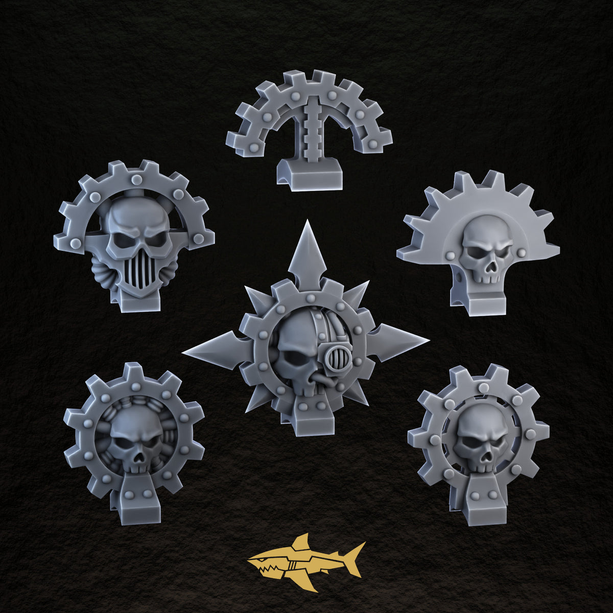 Bionic Legions Backpack Toppers & Banners – six backpack toppers, 32 mm resin sci-fi bits, Sharkass