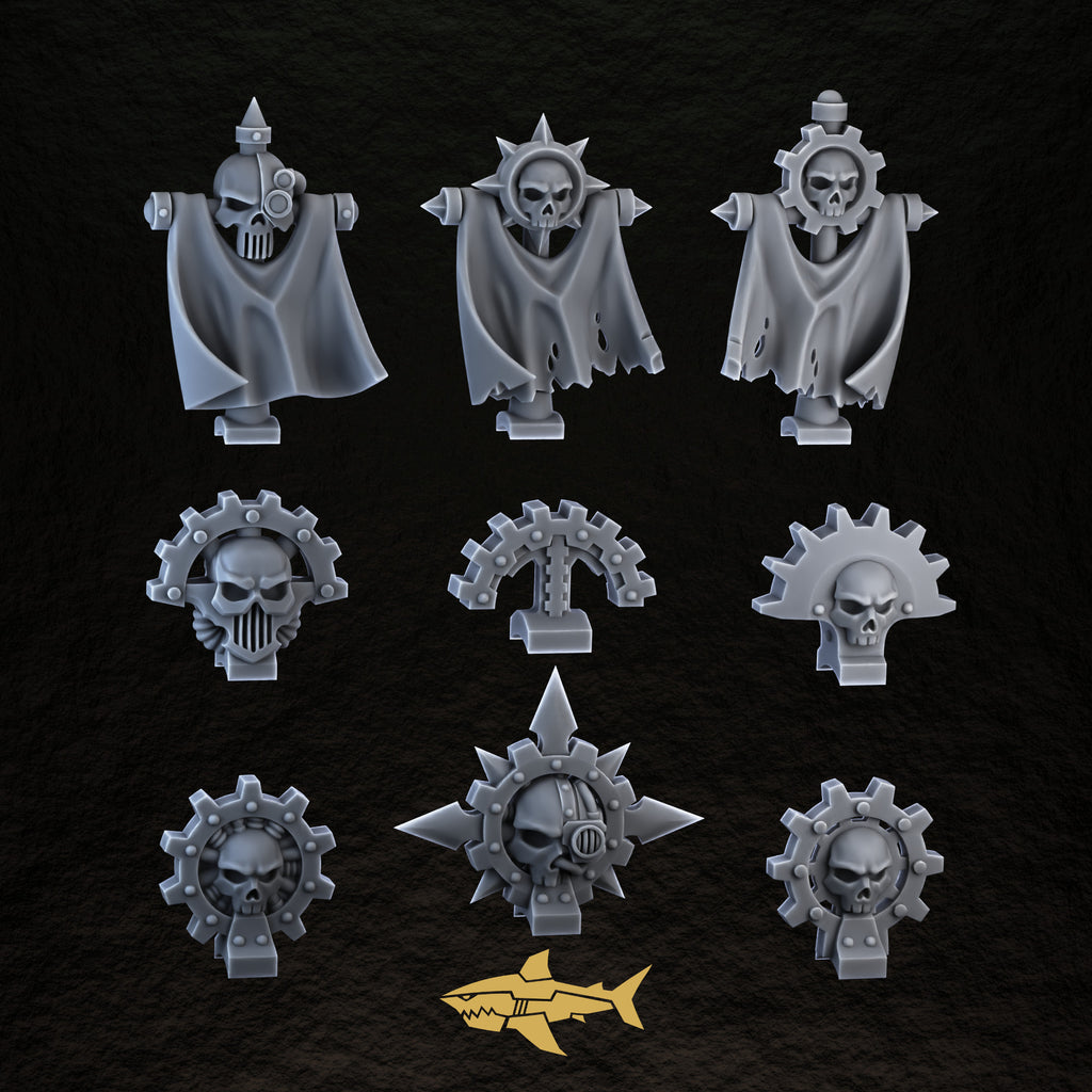 Bionic Legions Backpack Toppers & Banners – toppers and banner backpacks together, 32 mm resin sci-fi bits, Sharkass