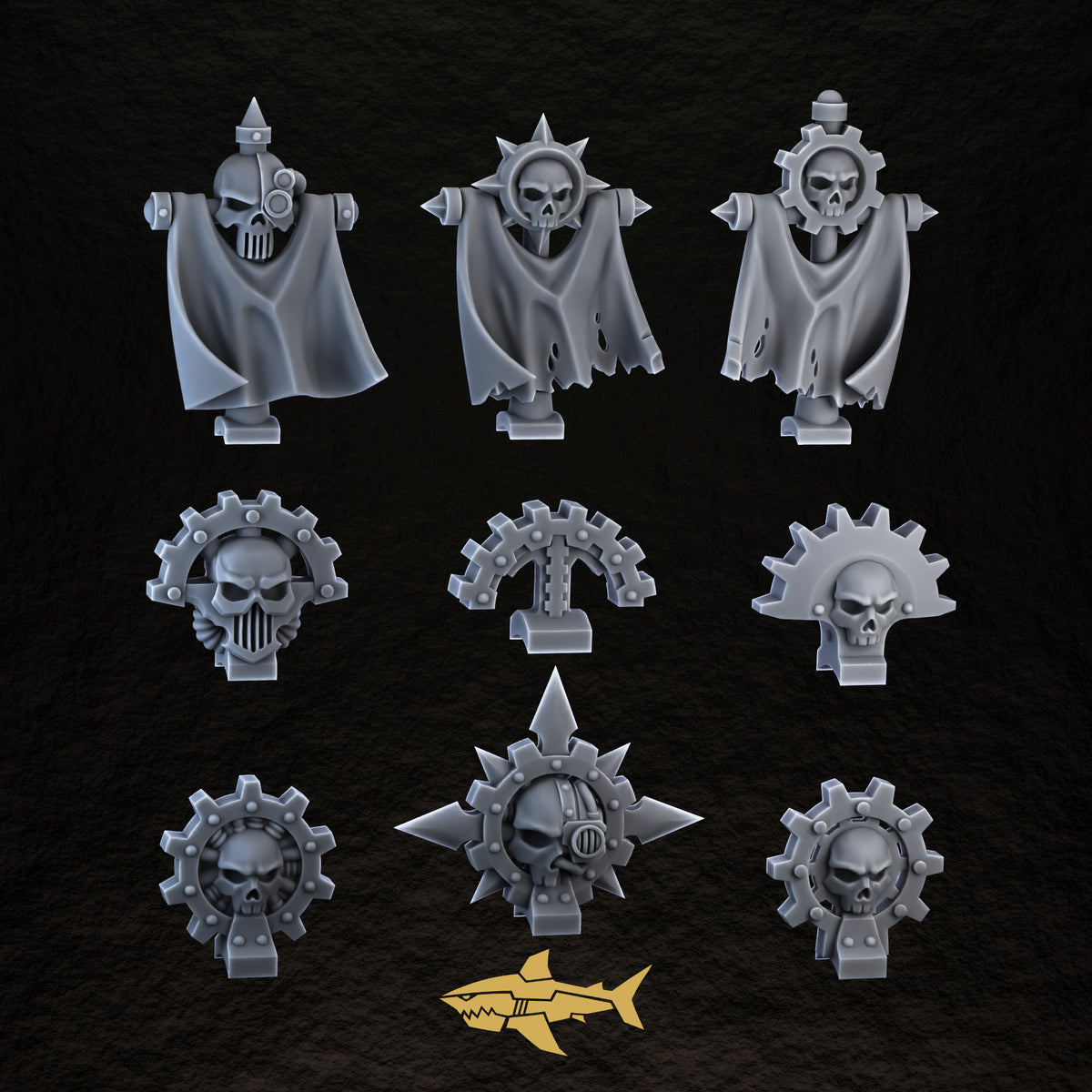 Bionic Legions Backpack Toppers & Banners – toppers and banner backpacks together, 32 mm resin sci-fi bits, Sharkass