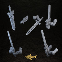 Bionic Legions Heroic Posed Weapons – heroic swords, 32 mm resin sci-fi bits, Sharkass