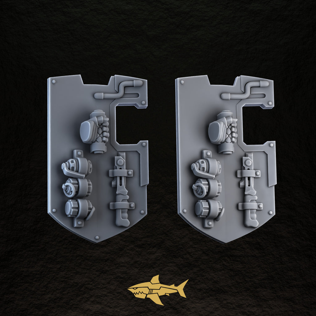 Bionic Legions Rectangular Shields ×5 – neutral shields A and B, back, 32 mm resin sci-fi bits, Sharkass