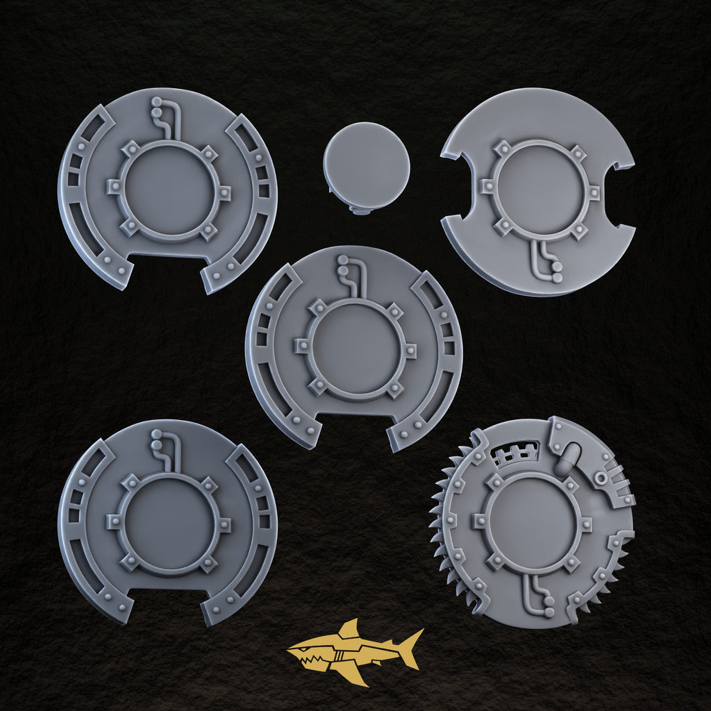 Bionic Legions Round Shields ×5 – back with handles, 32 mm resin sci-fi bits, Sharkass