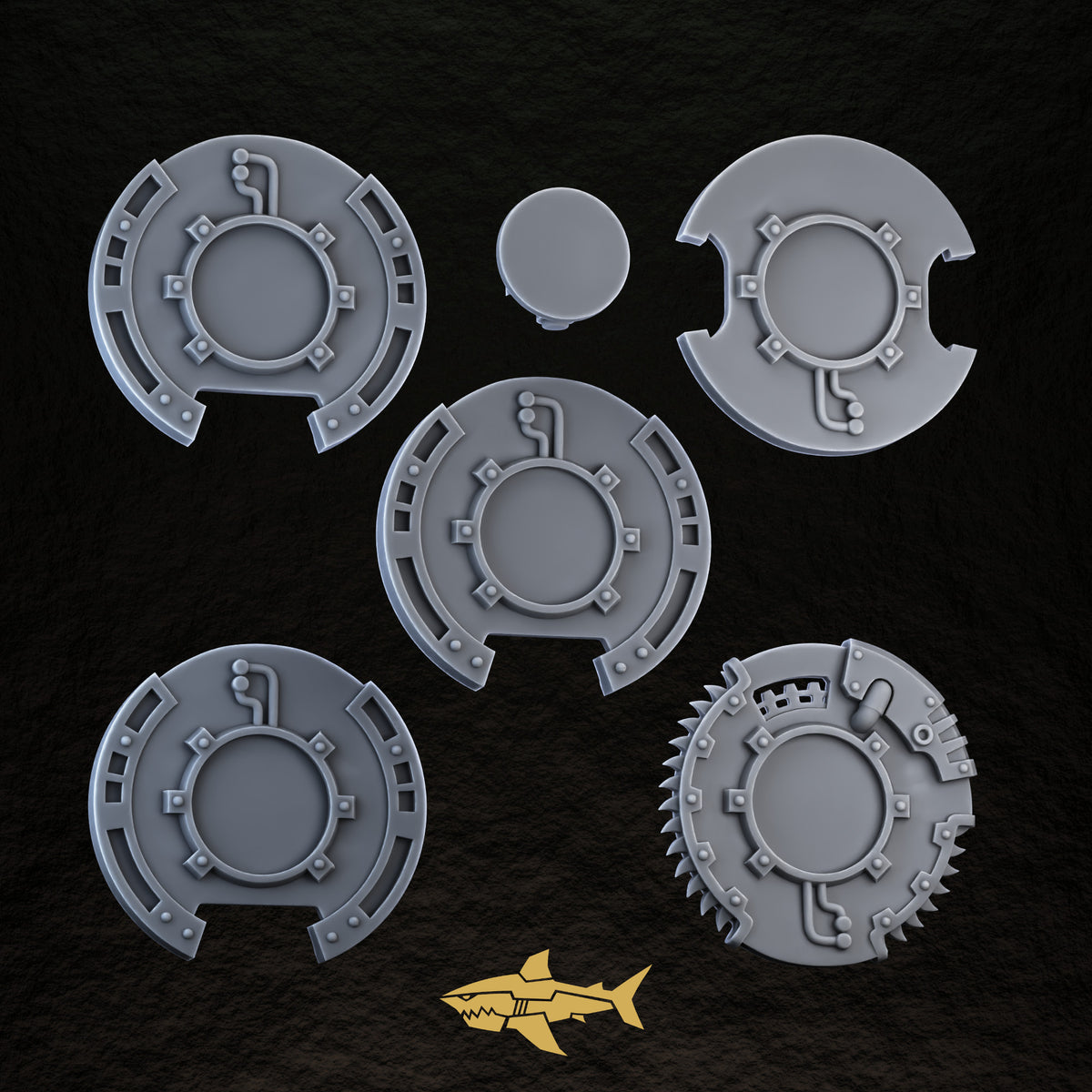 Bionic Legions Round Shields ×5 – back with handles, 32 mm resin sci-fi bits, Sharkass