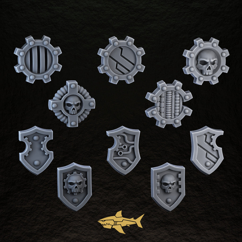 Bionic Legions Shoulder Shields ×10 – ten bolt-on shoulder shields, 32 mm resin sci-fi bits, Sharkass