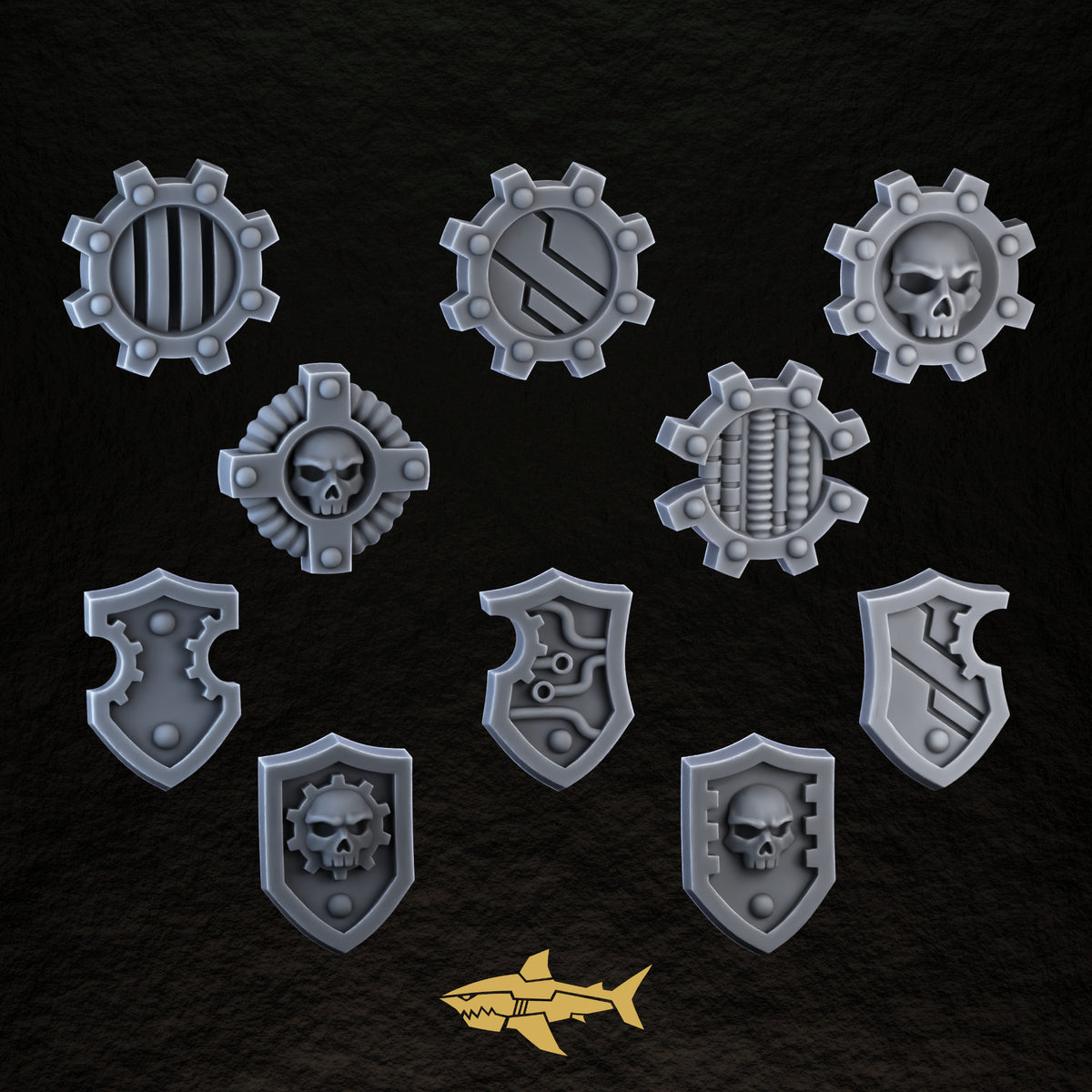 Bionic Legions Shoulder Shields ×10 – ten bolt-on shoulder shields, 32 mm resin sci-fi bits, Sharkass