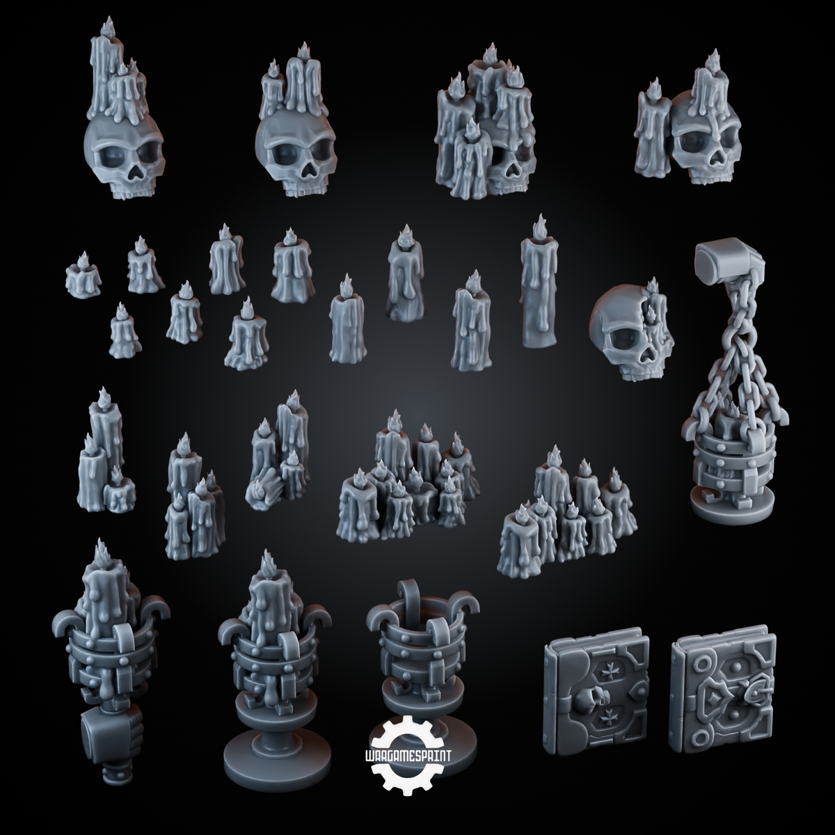 Kitbash Candles Skulls and Book Set STL render