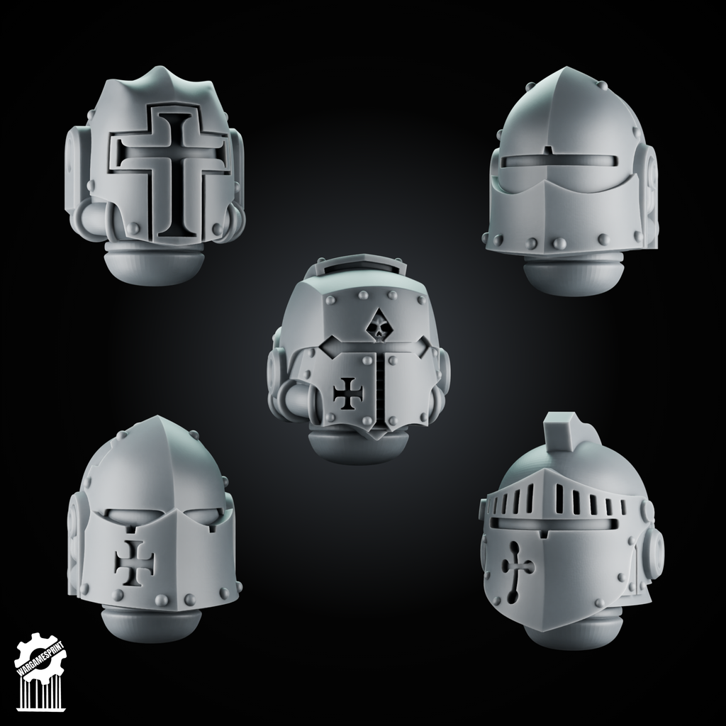 5 Crusader Helmets – SET 4 – Grimdark Knight Heads - resin bit - Sharkass