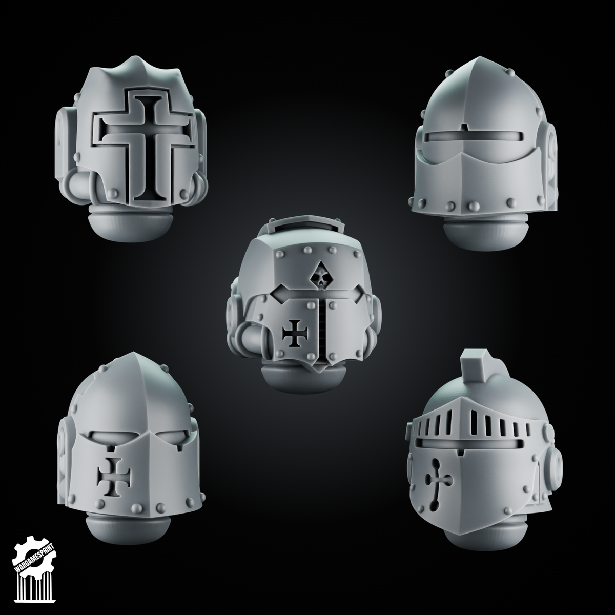 5 Crusader Helmets – SET 4 – Grimdark Knight Heads - resin bit - Sharkass