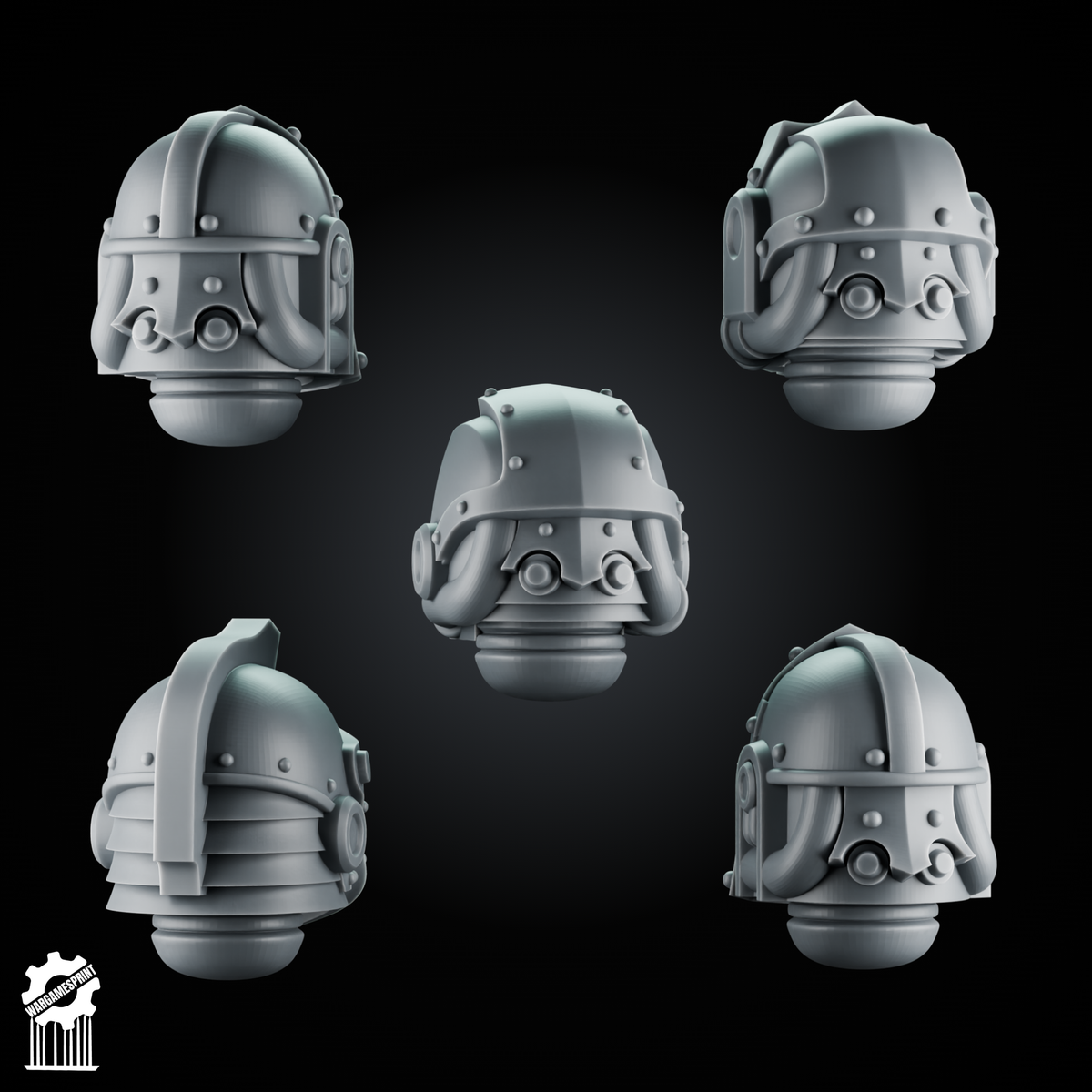 5 Crusader Helmets – SET 4 – Grimdark Knight Heads - resin bit - Sharkass