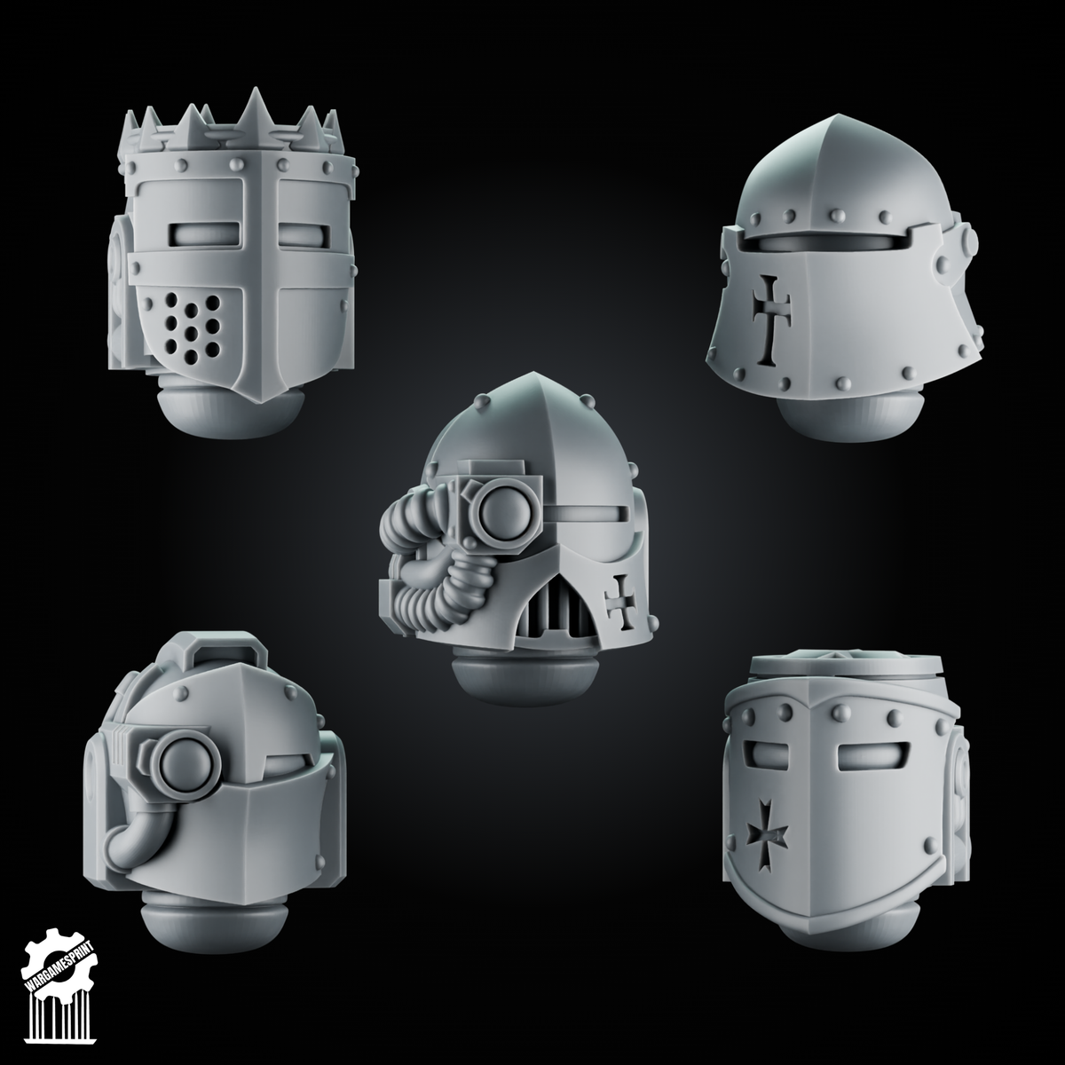 5 Crusader Helmets – SET 5 – Grimdark Knight Heads - resin bit - Sharkass