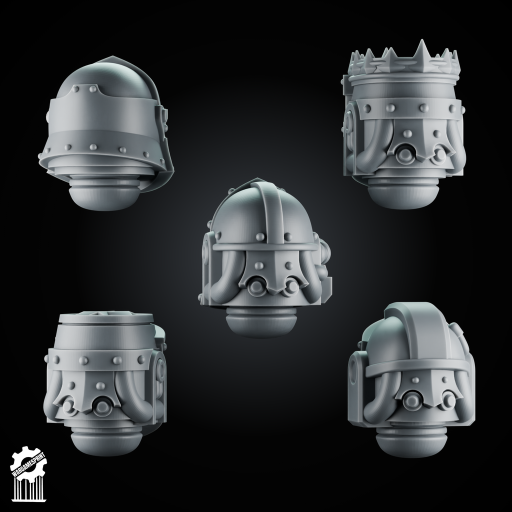 5 Crusader Helmets – SET 5 – Grimdark Knight Heads - resin bit - Sharkass