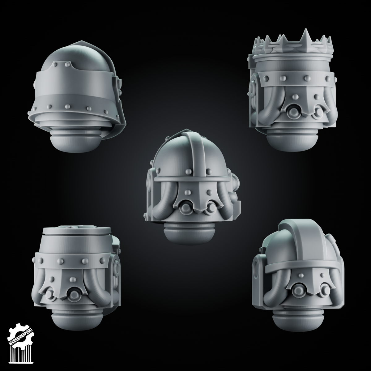 5 Crusader Helmets – SET 5 – Grimdark Knight Heads - resin bit - Sharkass