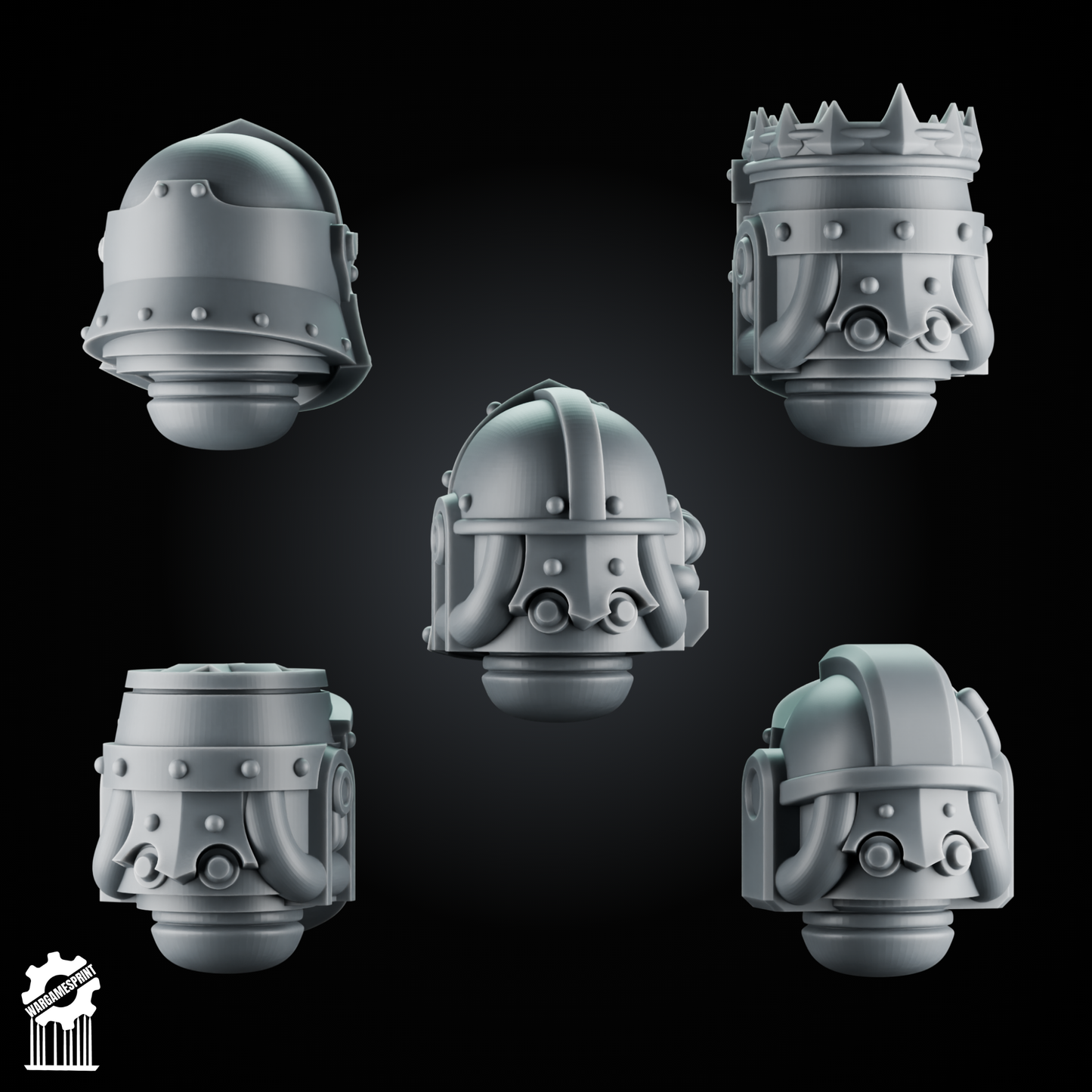 5 Crusader Helmets – SET 5 – Grimdark Knight Heads [Supported]