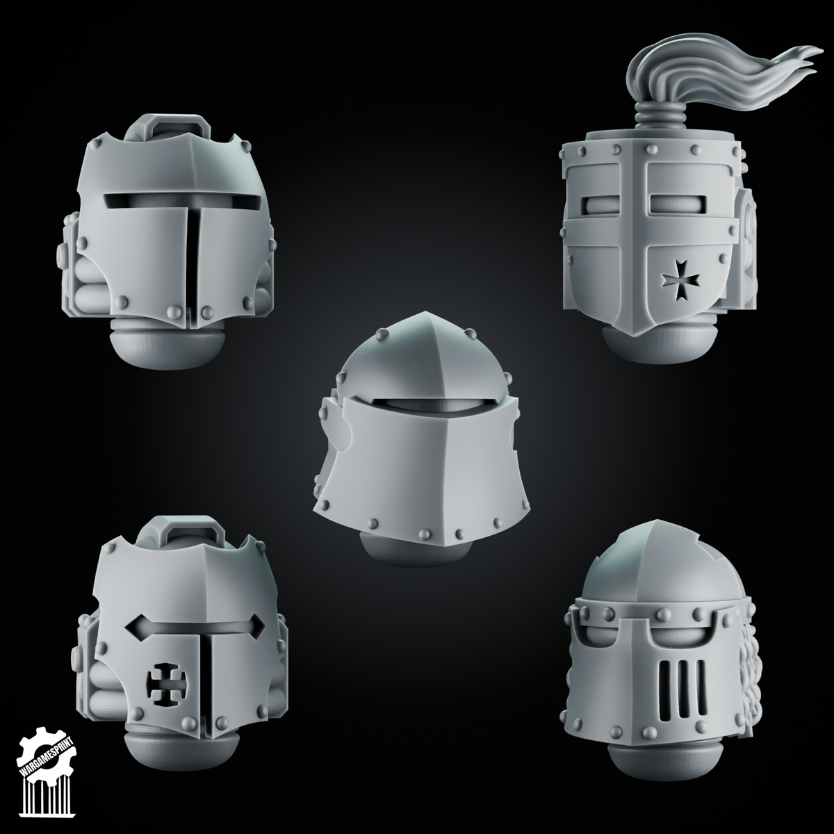 5 Crusader Helmets – SET 6 – Grimdark Knight Heads - resin bit - Sharkass