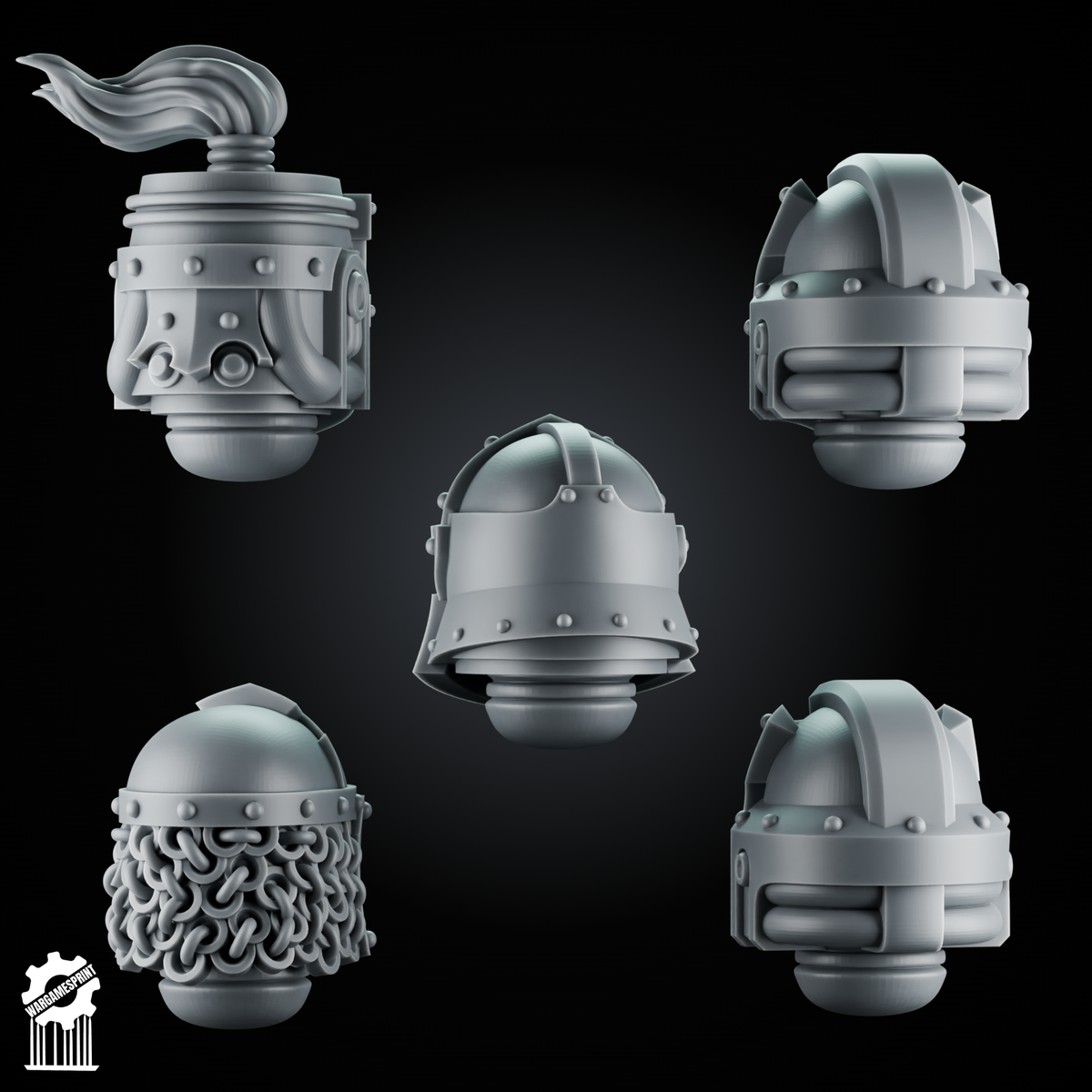 5 Crusader Helmets – SET 6 – Grimdark Knight Heads - resin bit - Sharkass