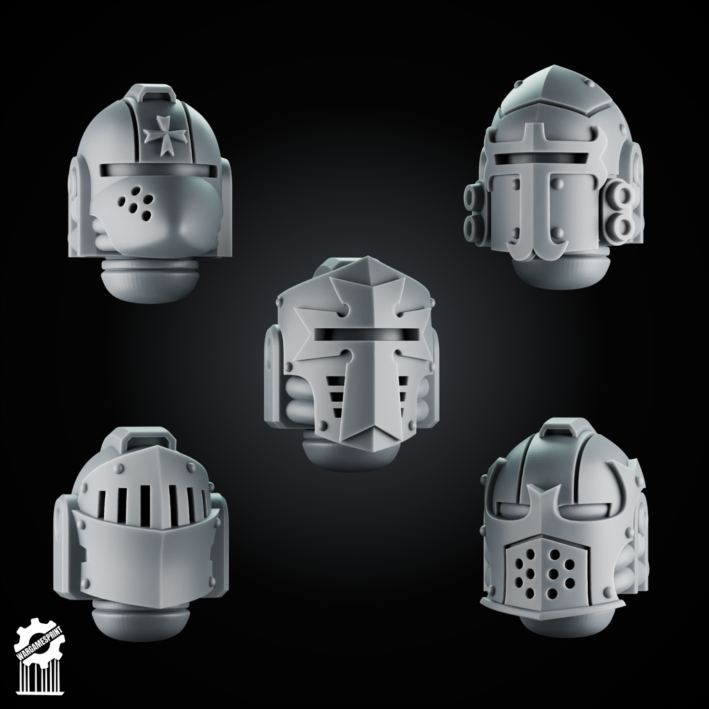 5 Crusader Helmets – SET 7 – Grimdark Knight Heads - resin bit - Sharkass