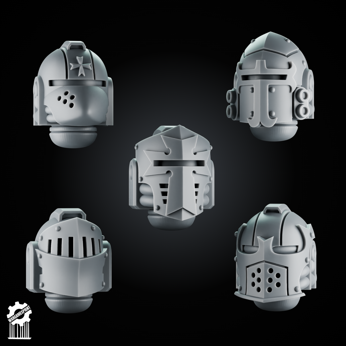5 Crusader Helmets – SET 7 – Grimdark Knight Heads - resin bit - Sharkass