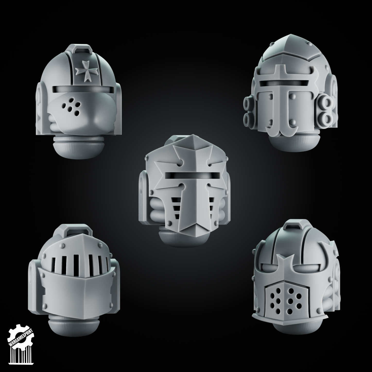 5 Crusader Helmets – SET 7 – Grimdark Knight Heads [Supported]