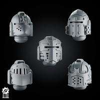5 Crusader Helmets – SET 7 – Grimdark Knight Heads - resin bit - Sharkass